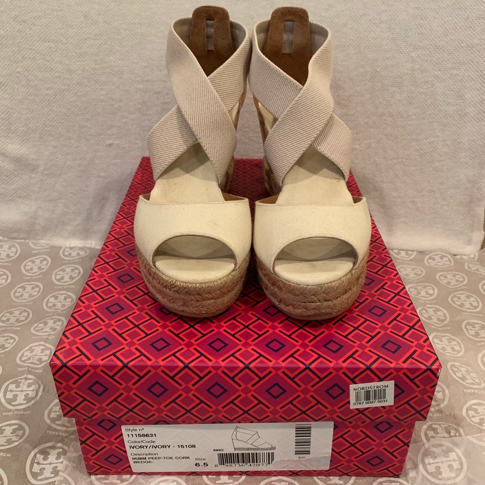 Tory Burch Ivory Peep-Toe Cork Wedge